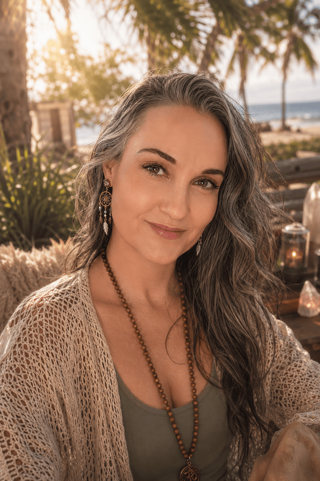Woman with long wavy hair smiling outdoors with trees and water in background.