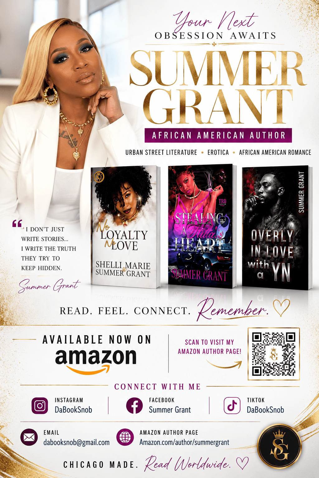 Book cover featuring a woman with long blonde hair, gold jewelry, and white clothing, with titles of three books and a QR code.