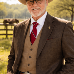 Older man with glasses and a white cowboy hat, smiling outdoors in a rural setting, wearing a brown blazer and red tie.