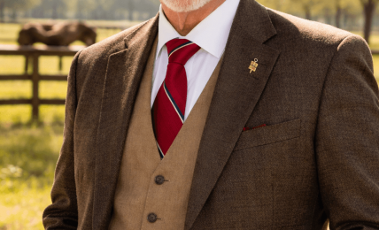 Older man with glasses and a white cowboy hat, smiling outdoors in a rural setting, wearing a brown blazer and red tie.