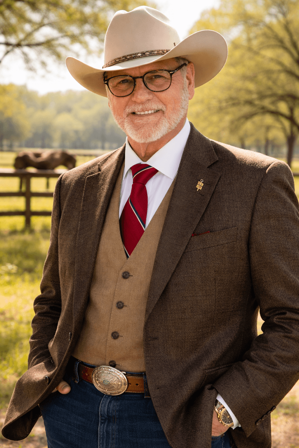 Older man with glasses and a white cowboy hat, smiling outdoors in a rural setting, wearing a brown blazer and red tie.