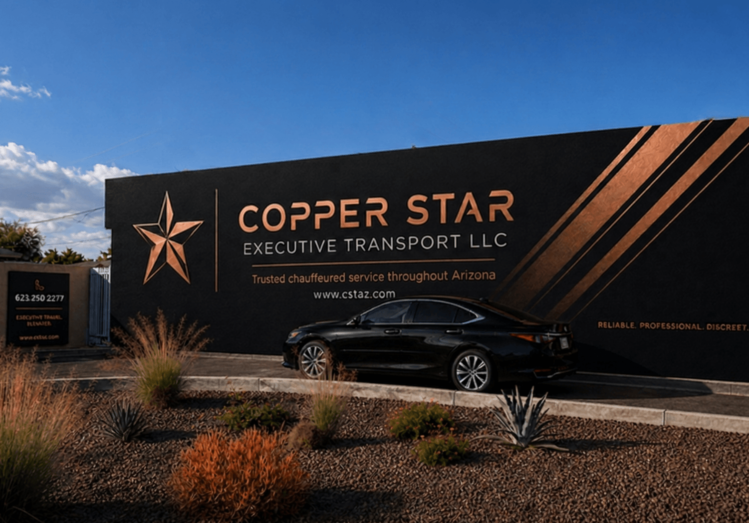 Large black sign with orange and white text reading 'COPPER STAR EXECUTIVE TRANSPORT LLC' and a star logo, with a black car parked in front.