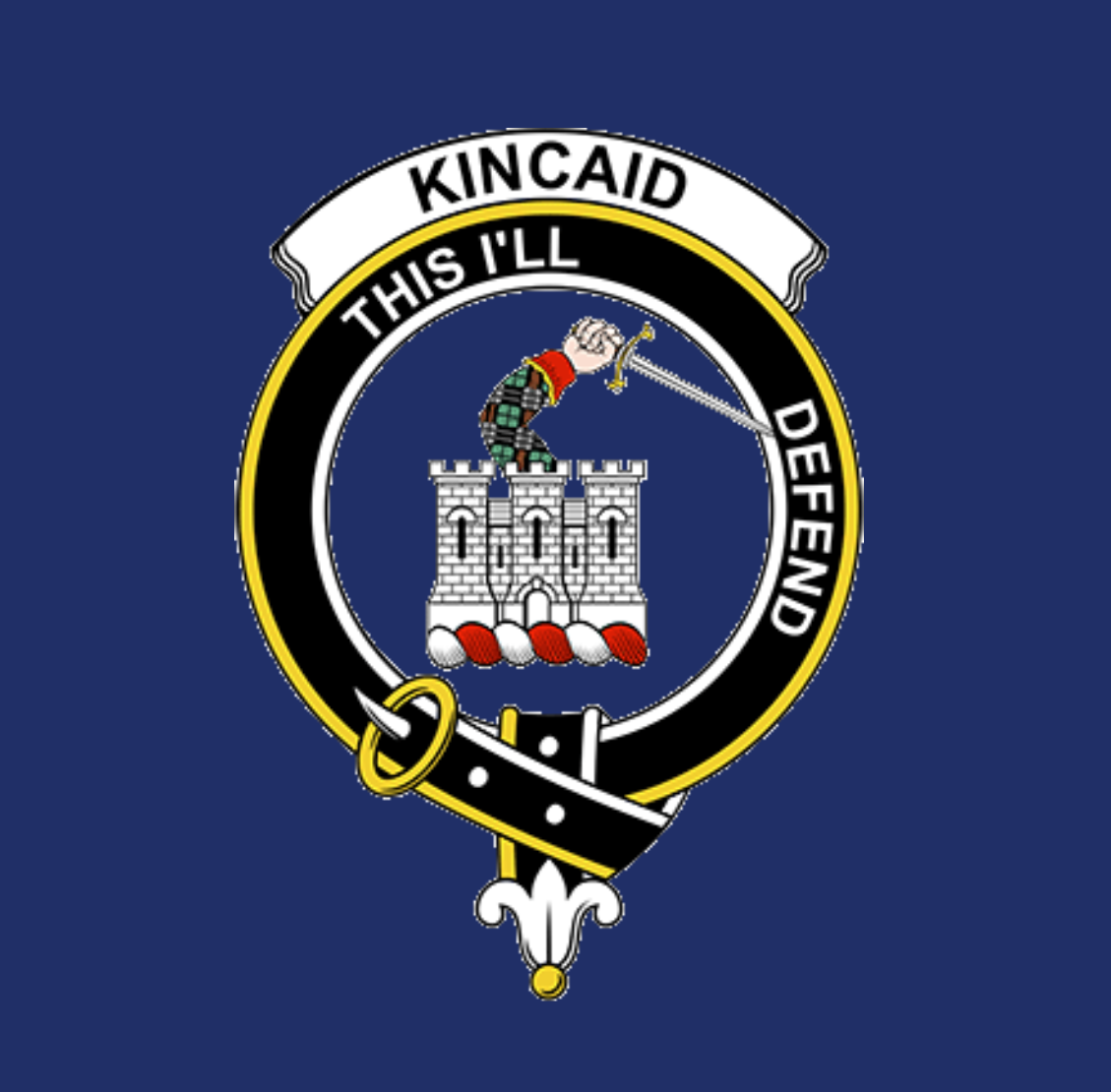 A circular emblem with a person on a castle tower, surrounded by text, on a dark blue background.