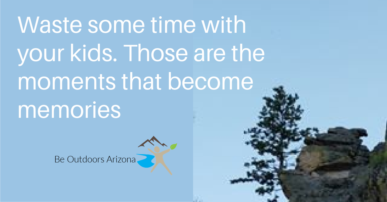 Text about spending time with kids and making memories, with a logo and a tree on a rock formation, blue background.