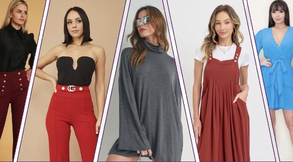 Five women in various outfits, standing in a row, with different backgrounds and poses.