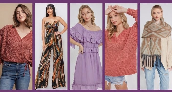 Five women in different outfits, standing against a purple background, posing for the camera.