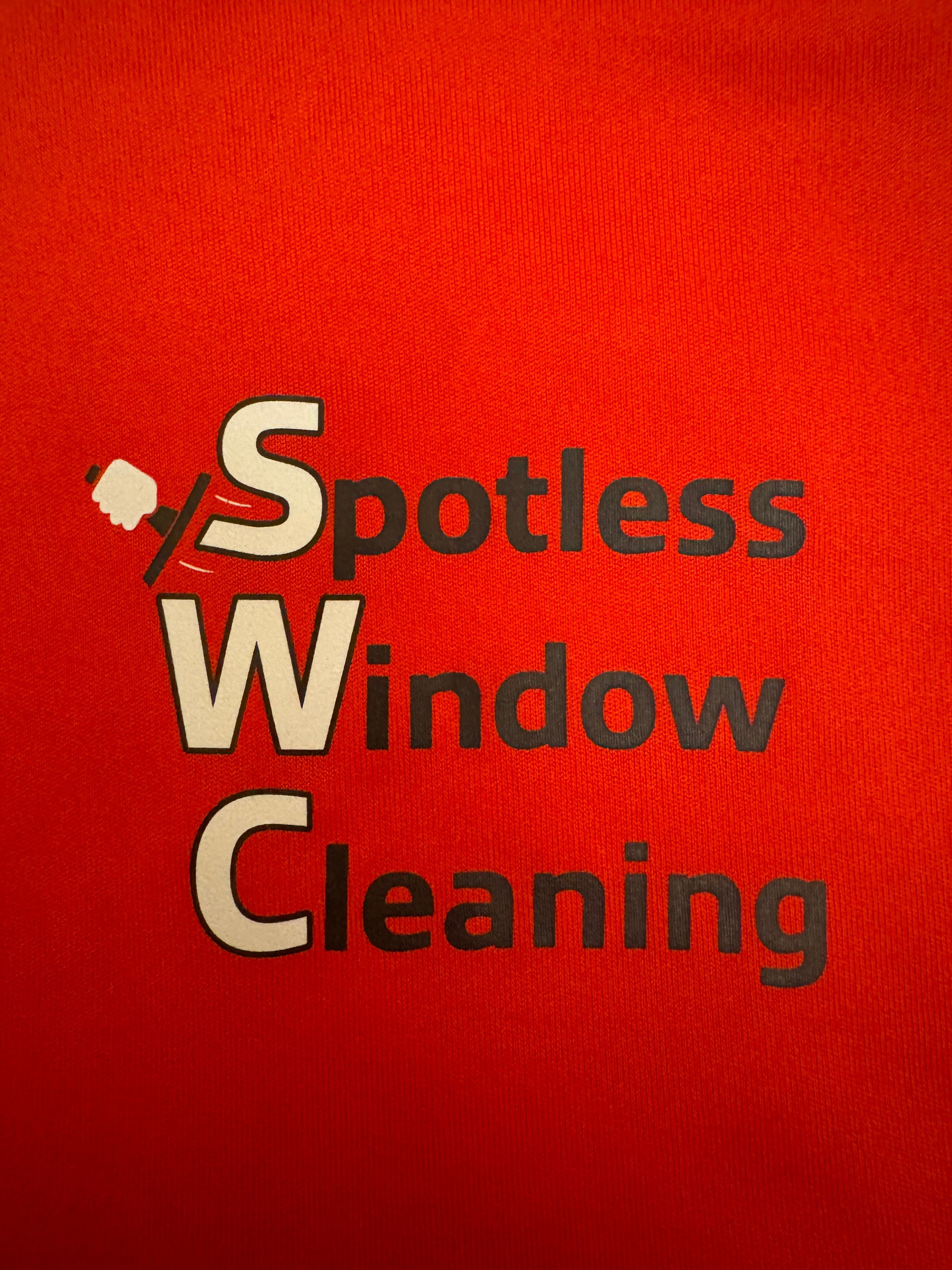 Red background with black and white text reading 'Spotless Window Cleaning' and a squeegee icon.