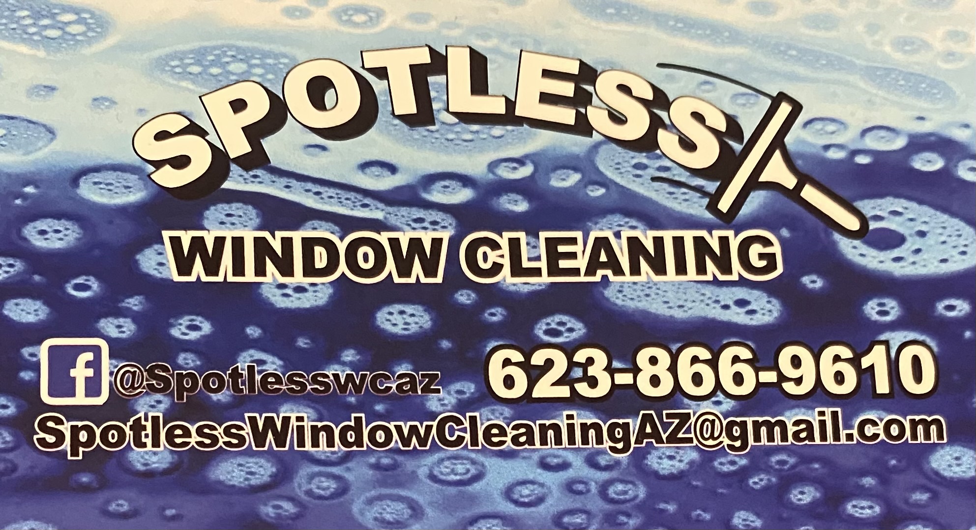 Business card for Spotless Window Cleaning with contact info and Facebook handle, featuring a blue bubbly background.
