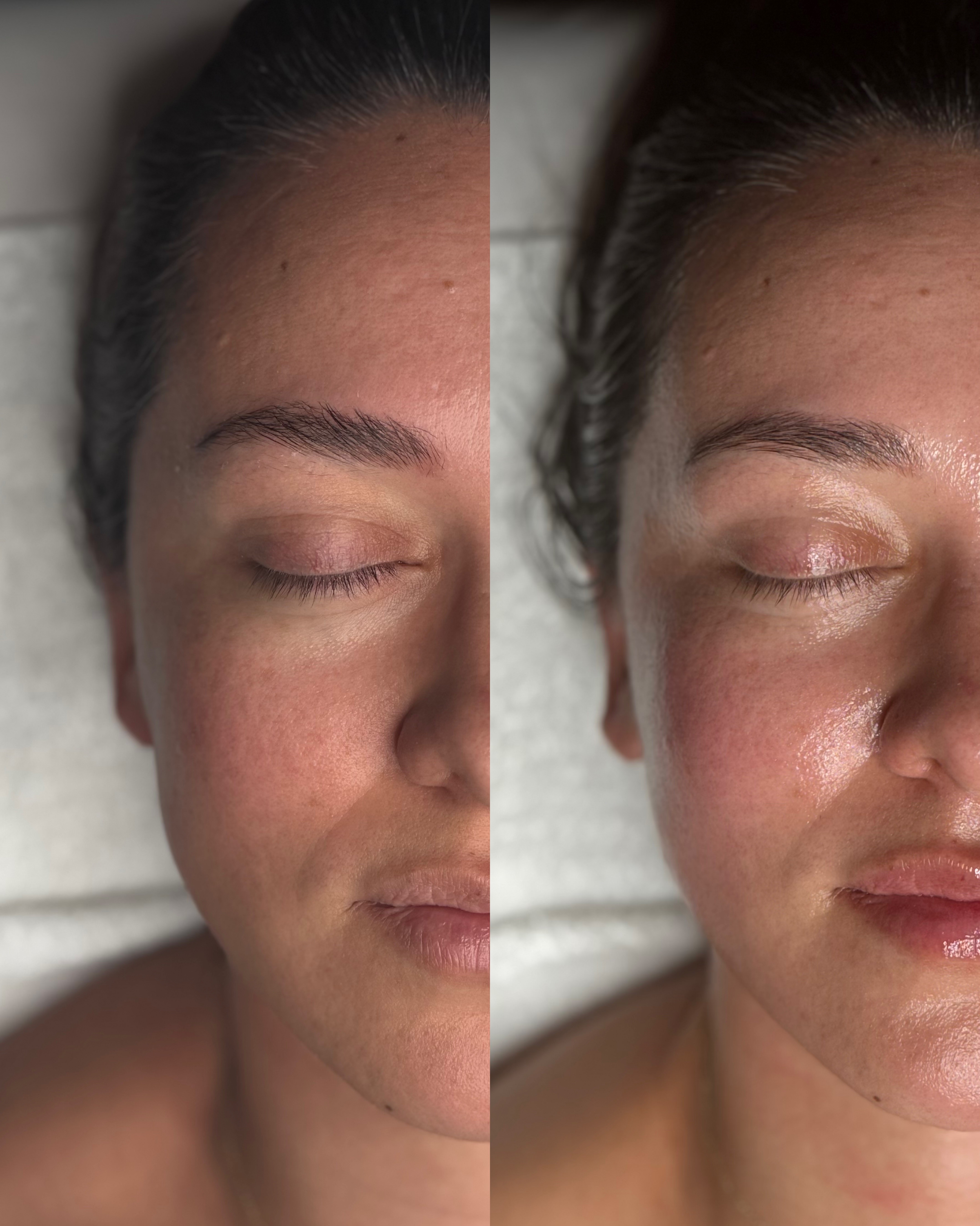 Close-up of a woman's face with closed eyes, showing skin texture and natural features, split into two images side by side.