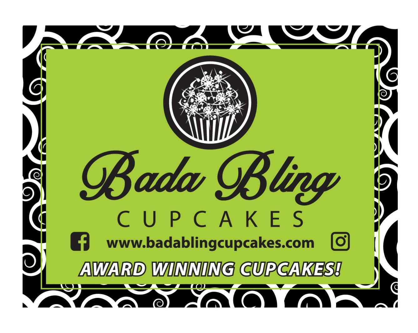 Business card for Bada Bing Cupcakes with a green background, cupcake logo, and social media icons.