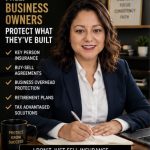 Woman in business attire sitting at desk with notebook, smiling, in office with framed quotes and plants, promoting business protection services.