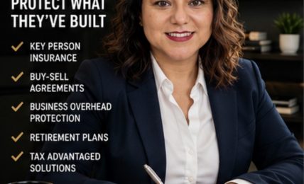 Woman in business attire sitting at desk with notebook, smiling, in office with framed quotes and plants, promoting business protection services.