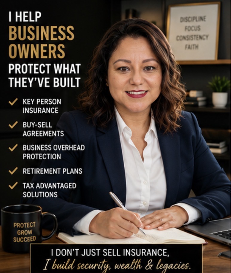 Woman in business attire sitting at desk with notebook, smiling, in office with framed quotes and plants, promoting business protection services.