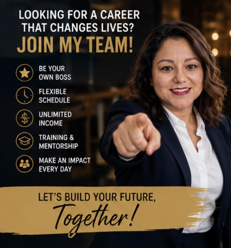 Woman in business attire pointing forward, promotional text about joining a team and building a future together.