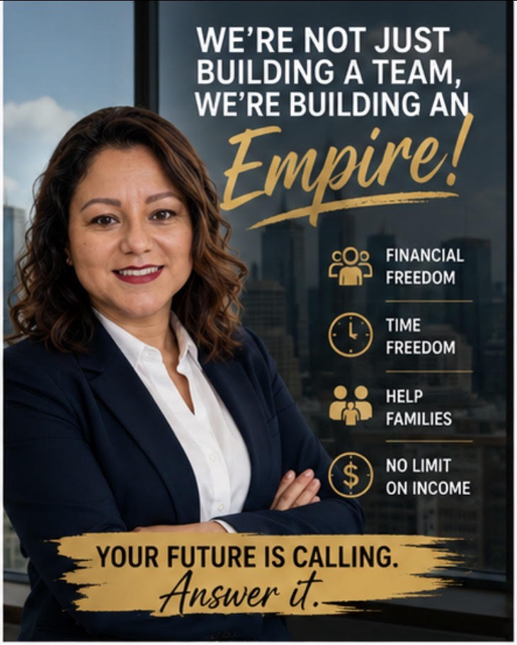 Woman in business attire smiling with cityscape background, promoting team building and financial freedom.