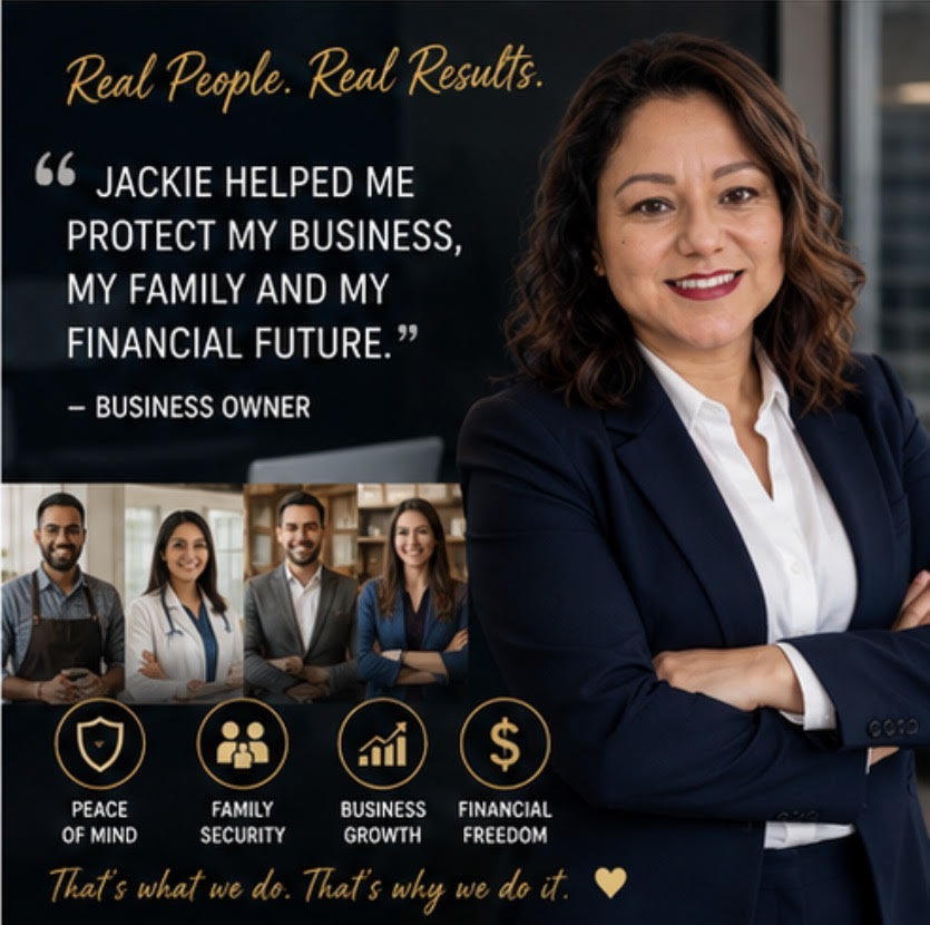 Woman in business attire smiling, with group of diverse professionals and icons representing security, growth, and freedom.
