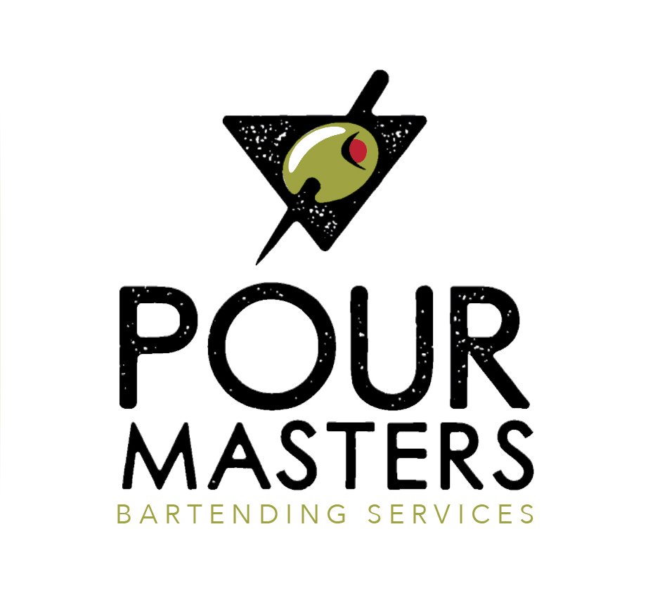 Logo with a martini glass, olive, and text 'POUR MASTERS BARTENDING SERVICES'.